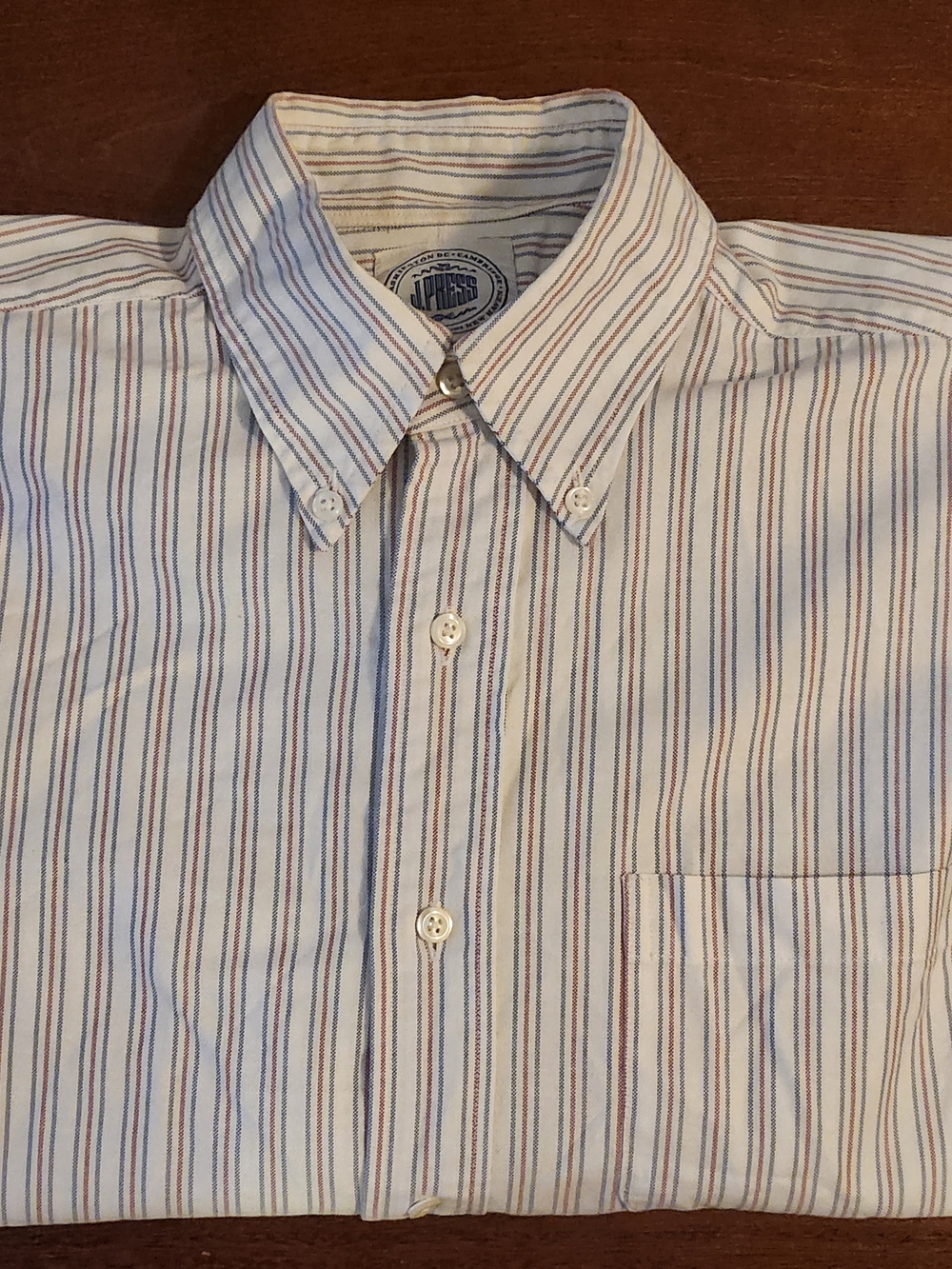 J. Press Men's Shirt in White with Blue & Red Stripes - 15.5×34